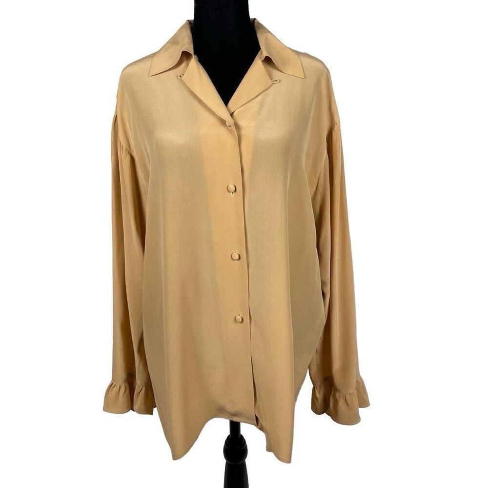 Vintage ICE 100% Silk Oversized Tan‎ Button Down Shirt - Women’s M